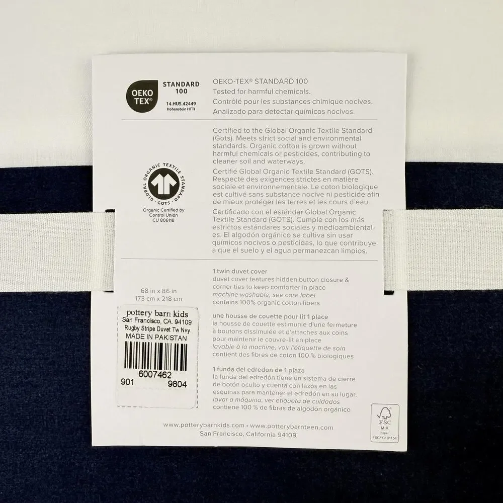 Pottery Barn Kids Rugby Stripe Organic Duvet Cover TWIN Navy Blue White NEW